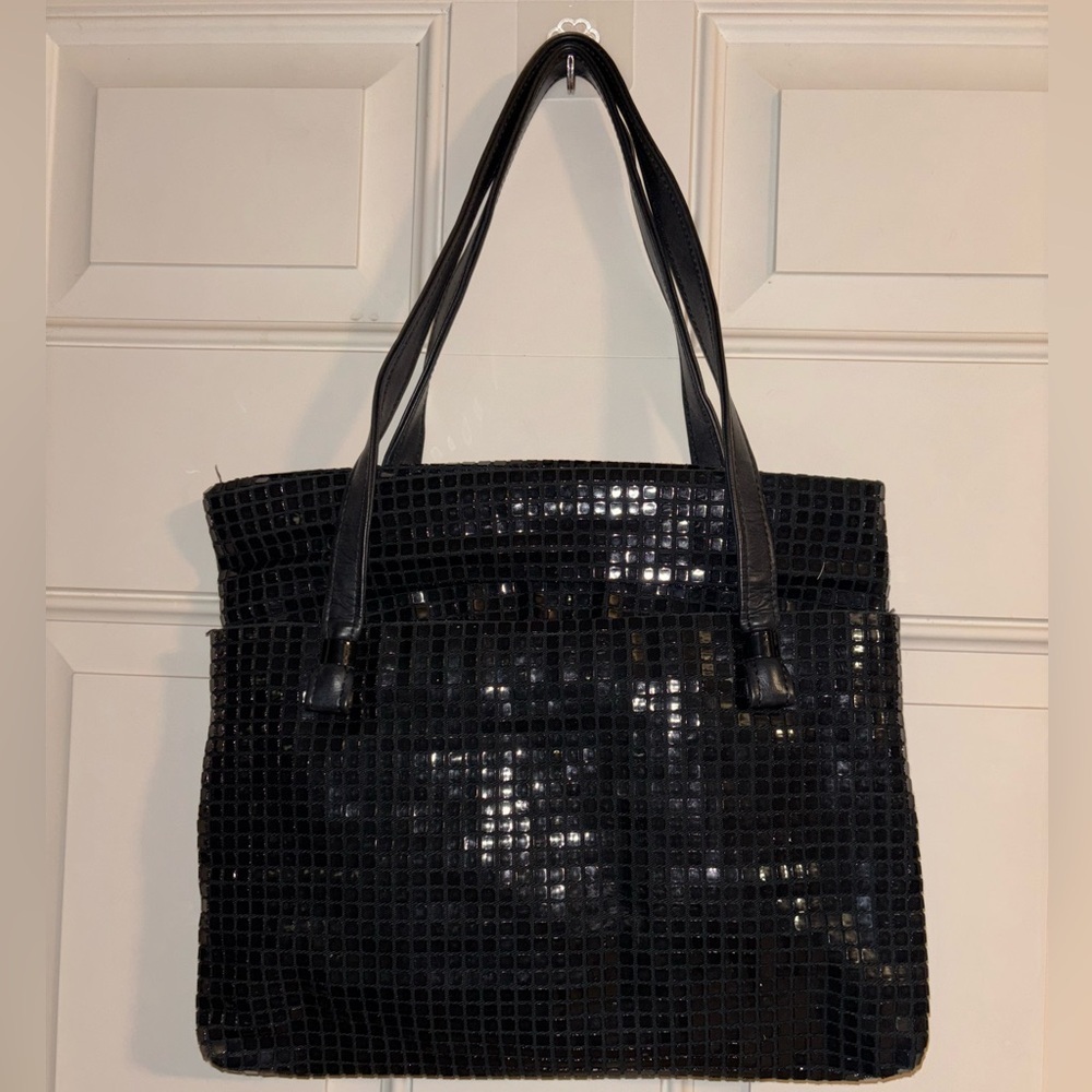 Vintage Lumured Black Tile Mesh Tote Bag with Leather Straps Lot of Pockets